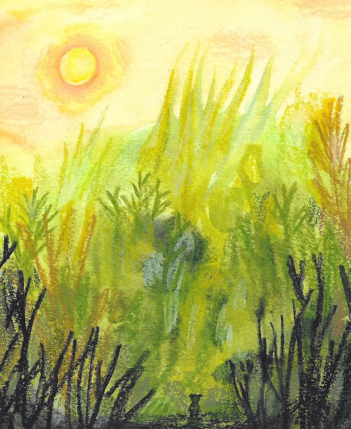 Zonnig groen landschap met hoog gras en bomen