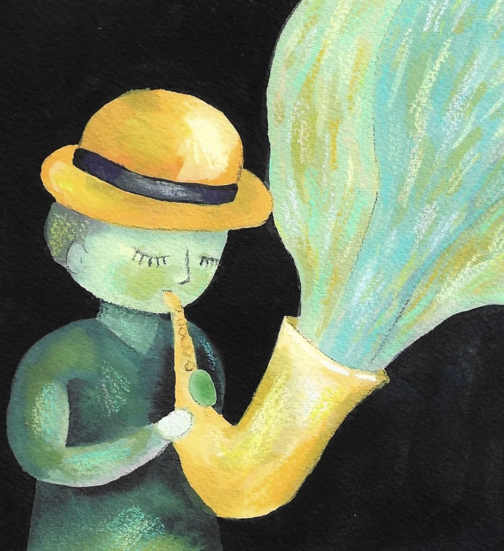 Groen figuur met gele hoed dat saxofoon speelt