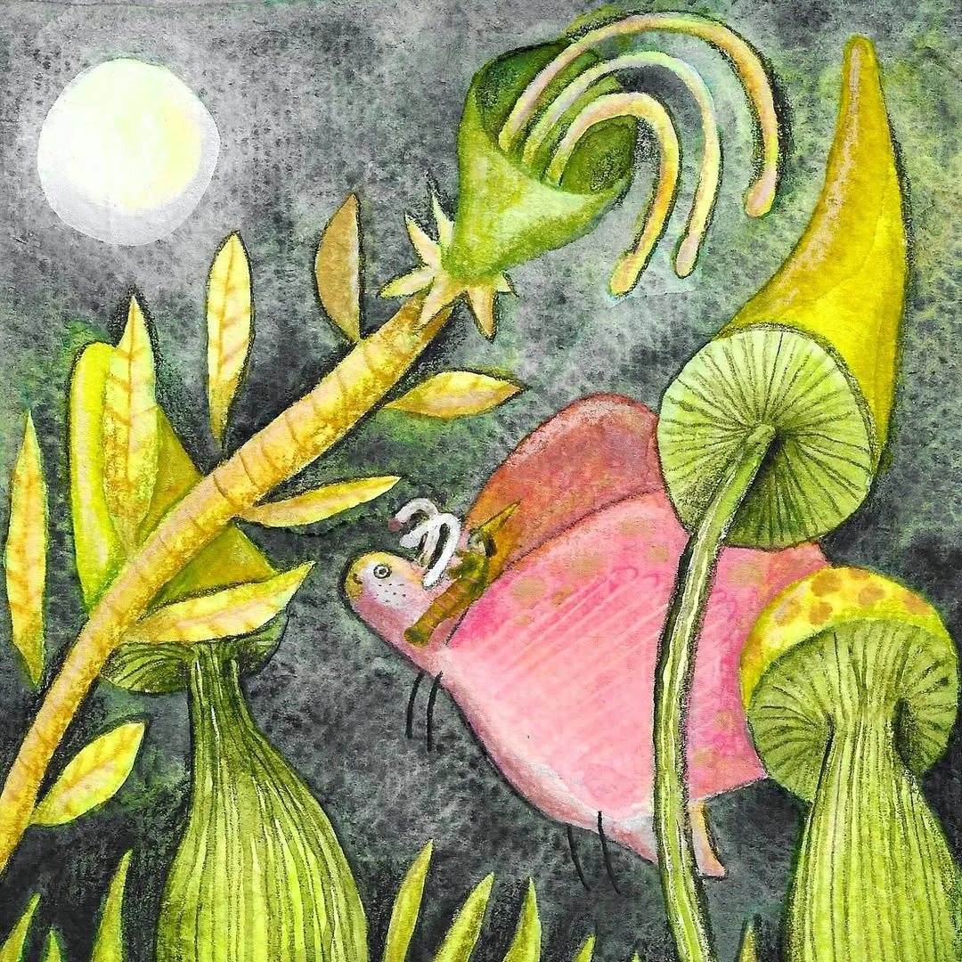 Beeld bij ‘It’s a butterfly flying in between mushrooms whit a little person on its back.’